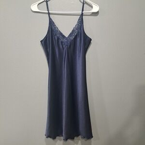 Navy Blue Satin Nightgown Lace Trim V-Neck Chemise Sleepwear Small Feminine